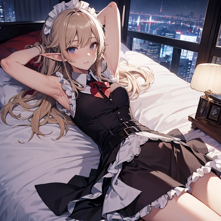 A maids, (in bedroom), various hair styles, night, details face, short skirt, seducing, sleeveless, maid uniform, armpits, elf, on bed