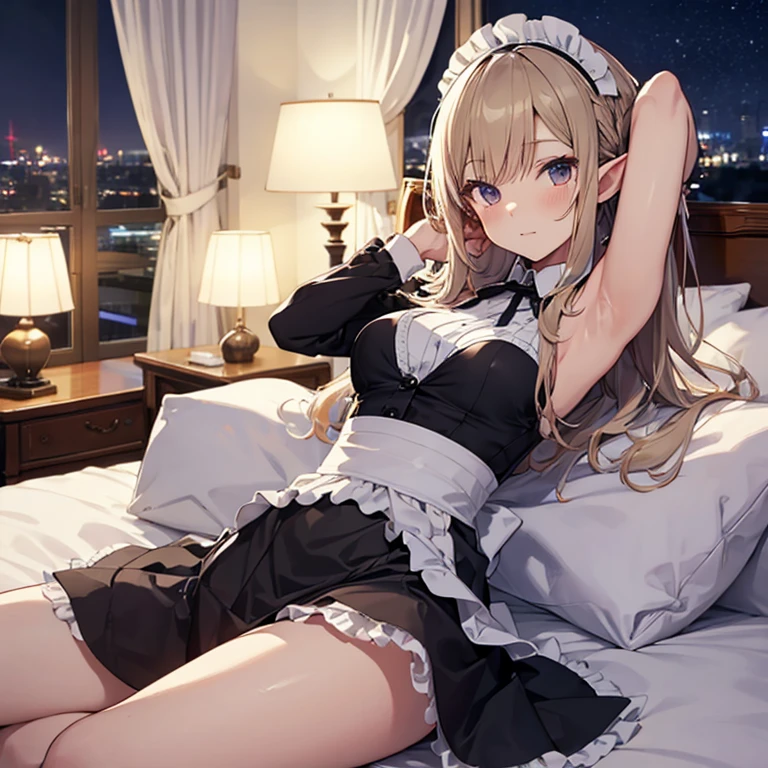A maids, (in bedroom), various hair styles, night, details face, short skirt, seducing, sleeveless, maid uniform, armpits, elf, on bed