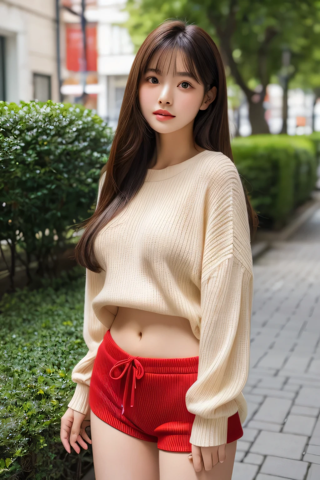 High quality, best quality, 4k, 8k, photorealisticA 20-year-old Japanese woman is standing outdoors in a bright, sunny spot. She has long, straight hair and beautiful, sparkling black irises. She is wearing a light beige wire mesh sweater and red shorts. Her hands are clasped together in a gentle, natural pose. The background is blurred, but some greenery and buildings are visible, giving the impression of being in a well-maintained urban area.