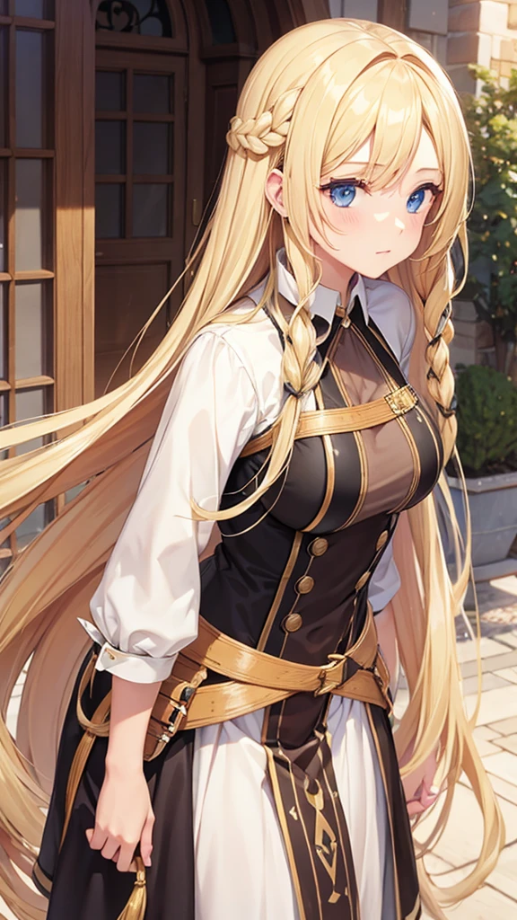 Long blonde hair, double braids, women&#39;s dress, long skirt, cleavage，Hand guard，，boots,Great sword，medieval european castle