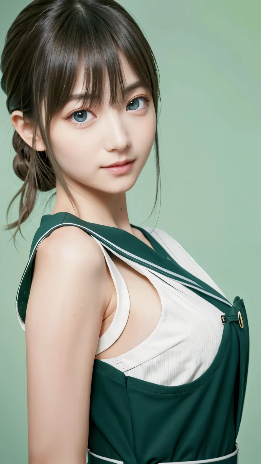 masterpiece,highest quality,1 Girl,delicでed face, bangs, just_arm, just_shoulder, green_eye, clavicle, (high resolution:1.48)、(Tight uniform:1.48)