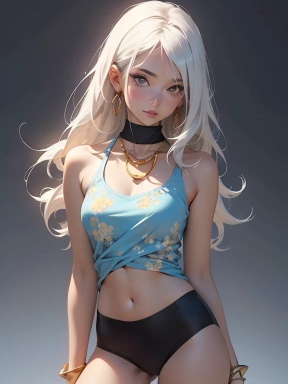 uma , pequena, corpo todo, standing, studio background, Appearance , chifres pequenos na testa, maquiagem, mascara, Lips are soft or colored, fundo preto simples, minimalismo, monotonous, paletas de cores simples, limpo, Crisp drawings, silhuetas fluidas,, camisas curta, roupa curta, roupa transparente, asymmetric, geometric, Materiais e designs elegantes e luxuosos, Simple and minimalist accessories, Fine silver or gold necklaces and rings, Pulseiras simples, Designs diferentes, silhuetas simples, estilo simples e sofisticado, elegance, minimalismo, materiais de alta qualidade, Fresh and urban print, alta moda, Simplicity and sophistication, azul, Cor azul, sensual, magro, roupa curta, molhada, sensual, erotic, decote, Appearance jovem, ioga, shy, confronto