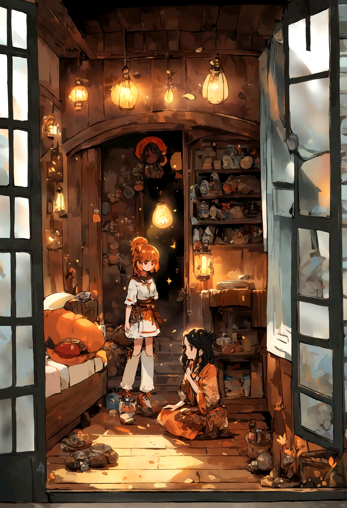 Girl looking at the light outside the window, In the style of Yumei, Light black and amber, text and graphics, Sparkling water reflections, Cabin core, Joel Robinson, Light orange and red - AR 4:7 --s 350 --niji 5 --chaos 4 --style expression