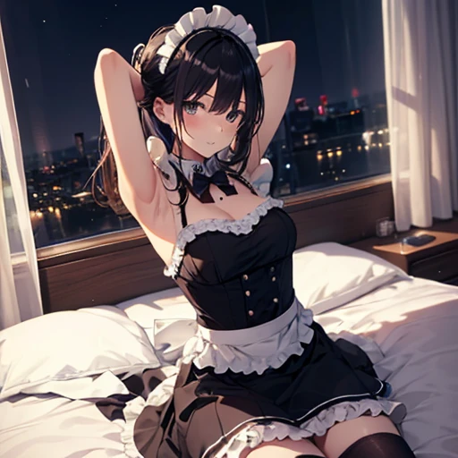 A maids, (in bedroom), various hair styles, night, details face, short skirt, seducing, sleeveless, maid uniform, armpits, , on bed