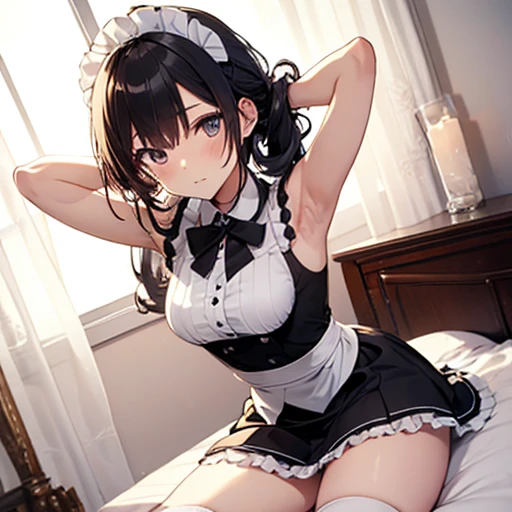 A maids, (in bedroom), various hair styles, night, details face, short skirt, seducing, sleeveless, maid uniform, armpits, , on bed