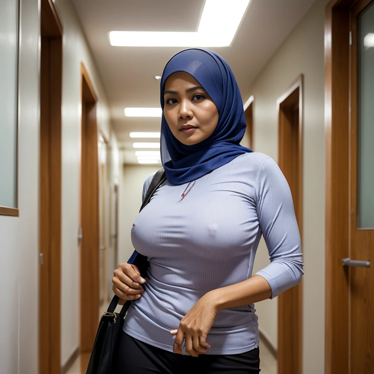 52 years Old, Hijab Indonesian mature woman, Big Tits : 96.9, Long-sleeveles Shirt, Slim body, Breast about To burst out, at School Corridor, Bright light, at Daytime