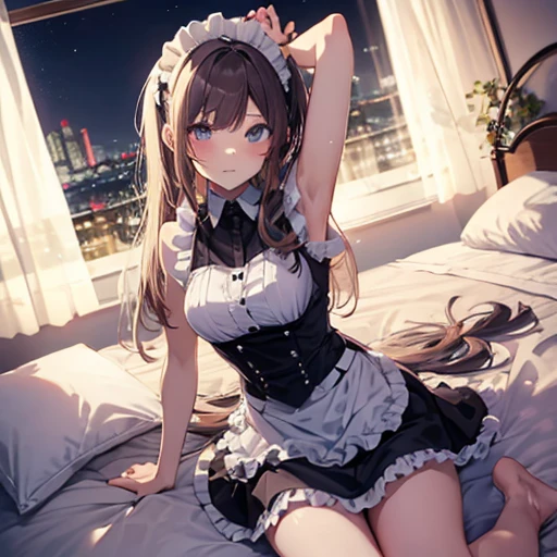 A maids, (in bedroom), various hair styles, night, details face, short skirt, seducing, sleeveless, maid uniform, armpits, , on bed
