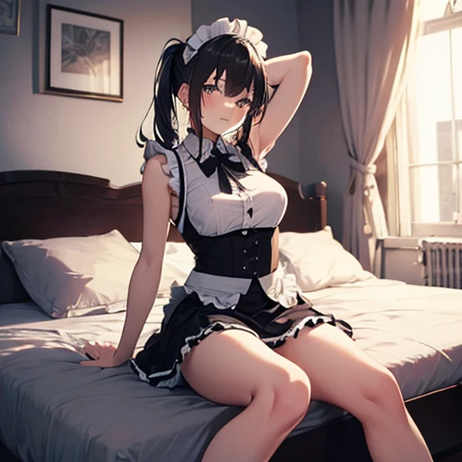 A maids, (in bedroom), various hair styles, night, details face, short skirt, seducing, sleeveless, maid uniform, armpits, , on bed