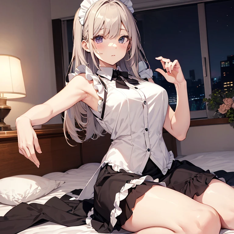 A maids, (in bedroom), various hair styles, night, details face, short skirt, seducing, sleeveless, maid uniform, armpits, , on bed