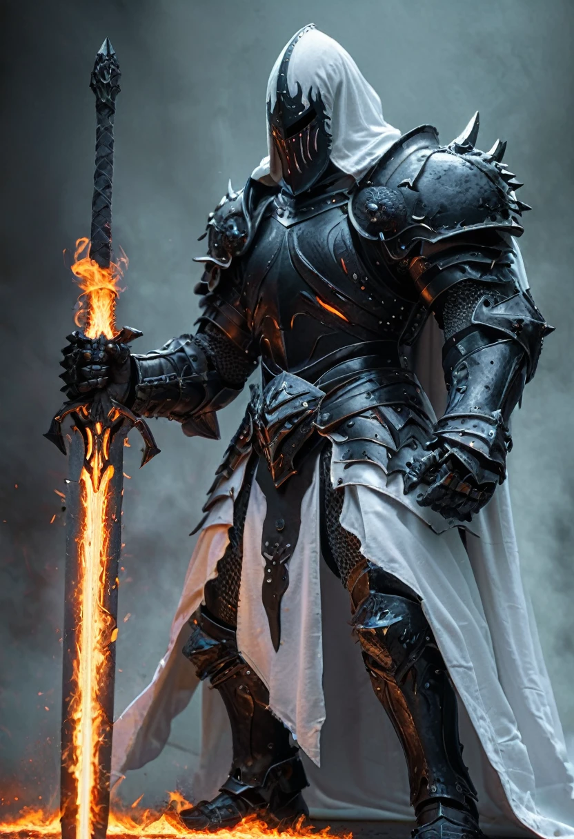 caballero berserker con armadura de batalla semi futurista, dynamic action pose, Desenfoque de movimiento, hkestilo, la armadura es de color negro y blanco, muy detallada, los ojos son de fuego negro y blanco, alrededor de la armadura emana un fuego espectral de color negro y blanco, Over the armor he wears a long hooded tunic, la armadura es una escala gigante, la espalda tiene pedazos de la armadura que levitan, tiene una espada que es de fuego negro y blanco, aura misteriosa y espectral,