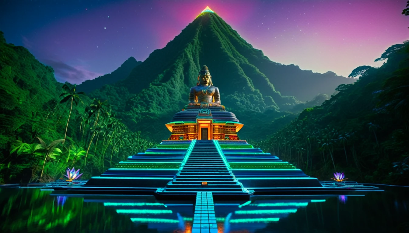 A hyper-realistic DSLR photograph of a Hindu vimana sentient spaceship floating in front of a lush, jungle-covered mountain paradise island in the middle of the sea, with a neon-lit jungle with glowing flora and fauna, where the trees are circuit boards and the rivers flow with liquid light into the sea. The vimana is using lasers to carve an extremely detailed temple that combines Hindu, Egyptian, Aztec, Mayan, Incan, and Atlantean styles with an alien touch into the mountain. The temple features a gigantic central statue resembling an alien Shiva-Buddha with multiple arms, similar to Avalokiteshvara. In the background, there's an epic sunrise with vibrant colors illuminating the scene. The image should have realistic lighting, textures, and depth, making it appear indistinguishable from an actual photograph taken with a high-end camera, cinematic, ominous, awe inspiring