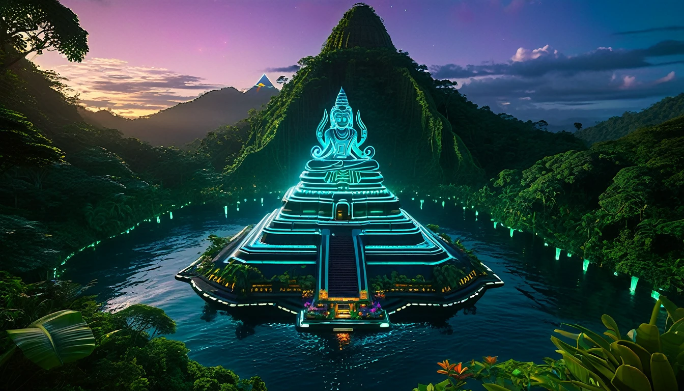 A hyper-realistic DSLR photograph of a Hindu vimana sentient spaceship floating in front of a lush, jungle-covered mountain paradise island in the middle of the sea, with a neon-lit jungle with glowing flora and fauna, where the trees are circuit boards and the rivers flow with liquid light into the sea. The vimana is using lasers to carve an extremely detailed temple that combines Hindu, Egyptian, Aztec, Mayan, Incan, and Atlantean styles with an alien touch into the mountain. The temple features a gigantic central statue resembling an alien Shiva-Buddha with multiple arms, similar to Avalokiteshvara. In the background, there's an epic sunrise with vibrant colors illuminating the scene. The image should have realistic lighting, textures, and depth, making it appear indistinguishable from an actual photograph taken with a high-end camera, cinematic, ominous, awe inspiring