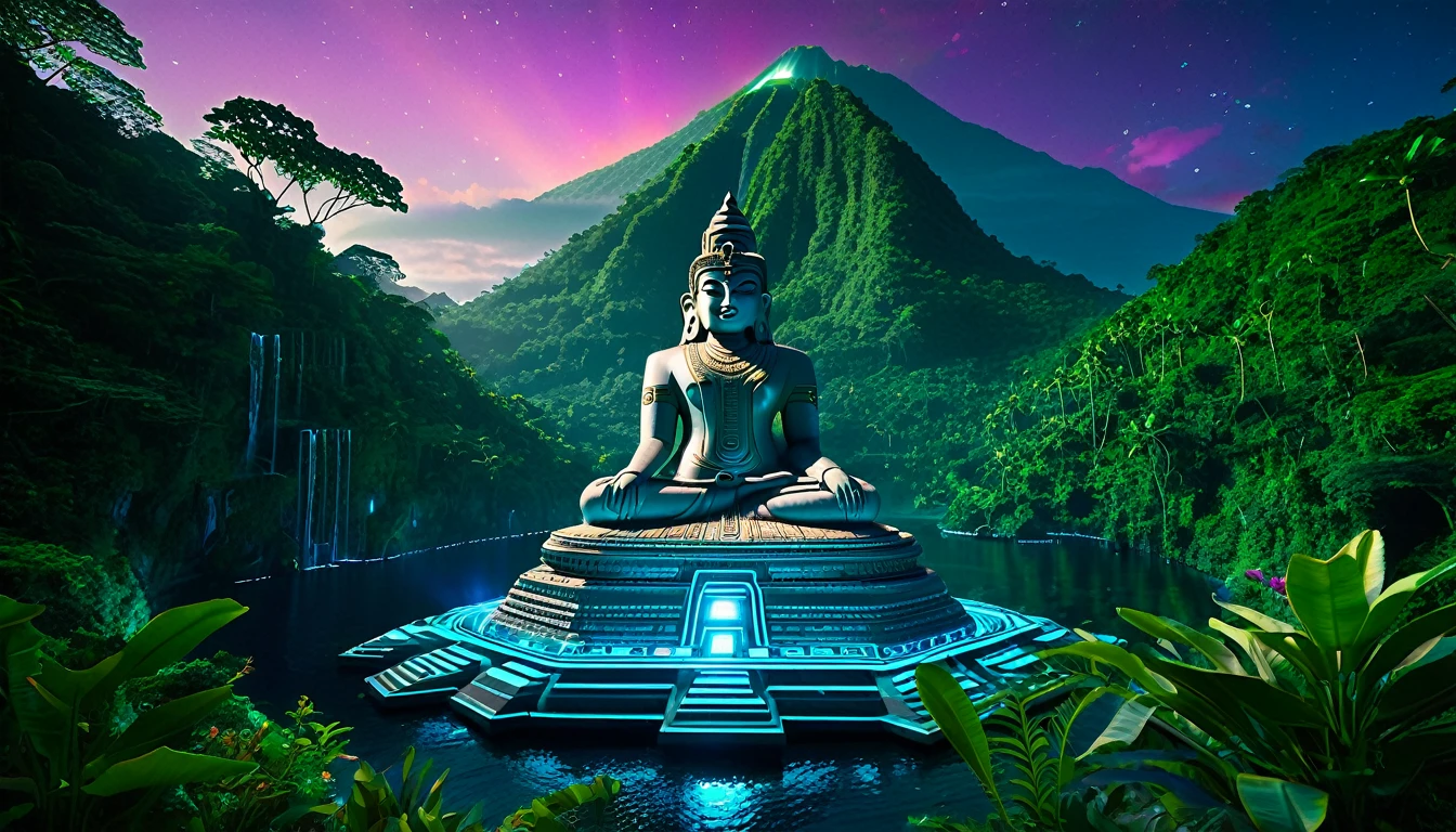 A hyper-realistic DSLR photograph of a Hindu vimana sentient spaceship floating in front of a lush, jungle-covered mountain paradise island in the middle of the sea, with a neon-lit jungle with glowing flora and fauna, where the trees are circuit boards and the rivers flow with liquid light into the sea. The vimana is using lasers to carve an extremely detailed temple that combines Hindu, Egyptian, Aztec, Mayan, Incan, and Atlantean styles with an alien touch into the mountain. The temple features a gigantic central statue resembling an alien Shiva-Buddha with multiple arms, similar to Avalokiteshvara. In the background, there's an epic sunrise with vibrant colors illuminating the scene. The image should have realistic lighting, textures, and depth, making it appear indistinguishable from an actual photograph taken with a high-end camera, cinematic, ominous, awe inspiring