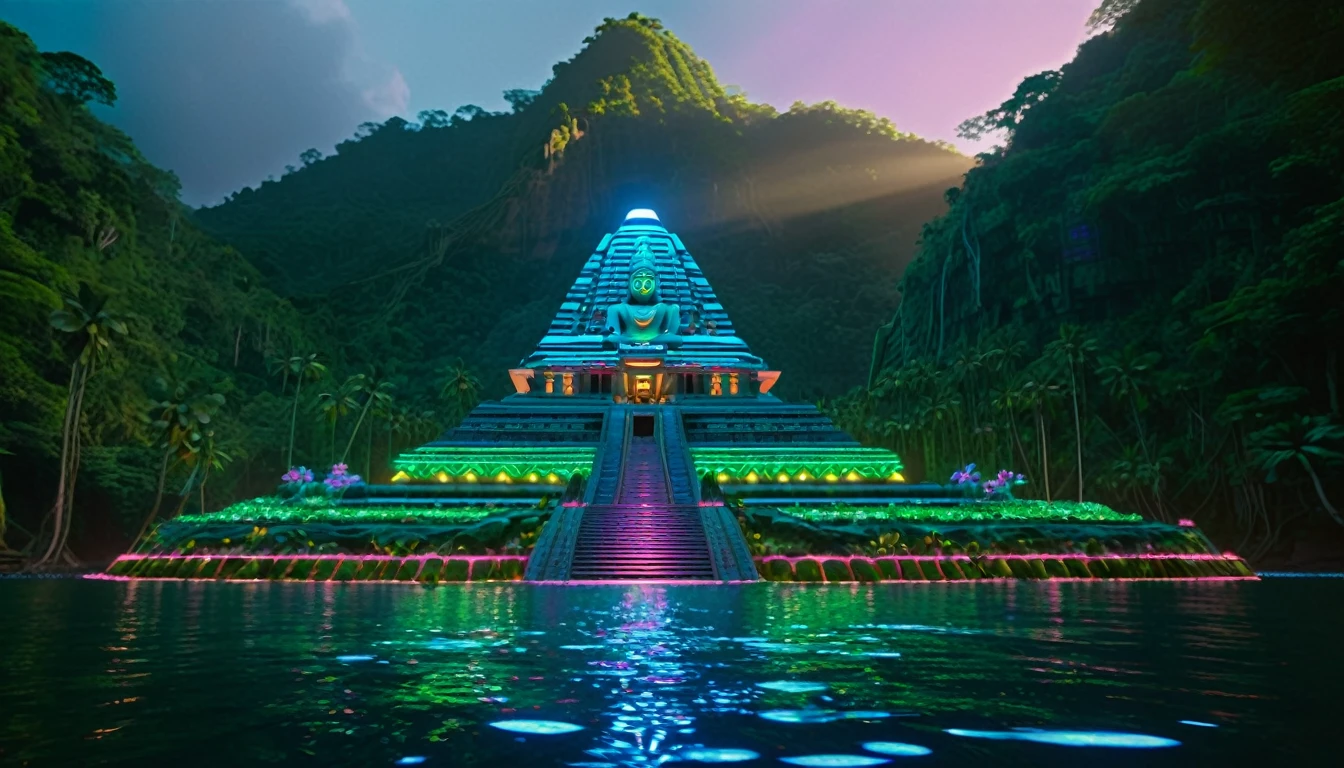 A hyper-realistic DSLR photograph of a Hindu vimana sentient spaceship floating in front of a lush, jungle-covered mountain paradise island in the middle of the sea, with a neon-lit jungle with glowing flora and fauna, where the trees are circuit boards and the rivers flow with liquid light into the sea. The vimana is using lasers to carve an extremely detailed temple that combines Hindu, Egyptian, Aztec, Mayan, Incan, and Atlantean styles with an alien touch into the mountain. The temple features a gigantic central statue resembling an alien Shiva-Buddha with multiple arms, similar to Avalokiteshvara. In the background, there's an epic sunrise with vibrant colors illuminating the scene. The image should have realistic lighting, textures, and depth, making it appear indistinguishable from an actual photograph taken with a high-end camera, cinematic, ominous, awe inspiring