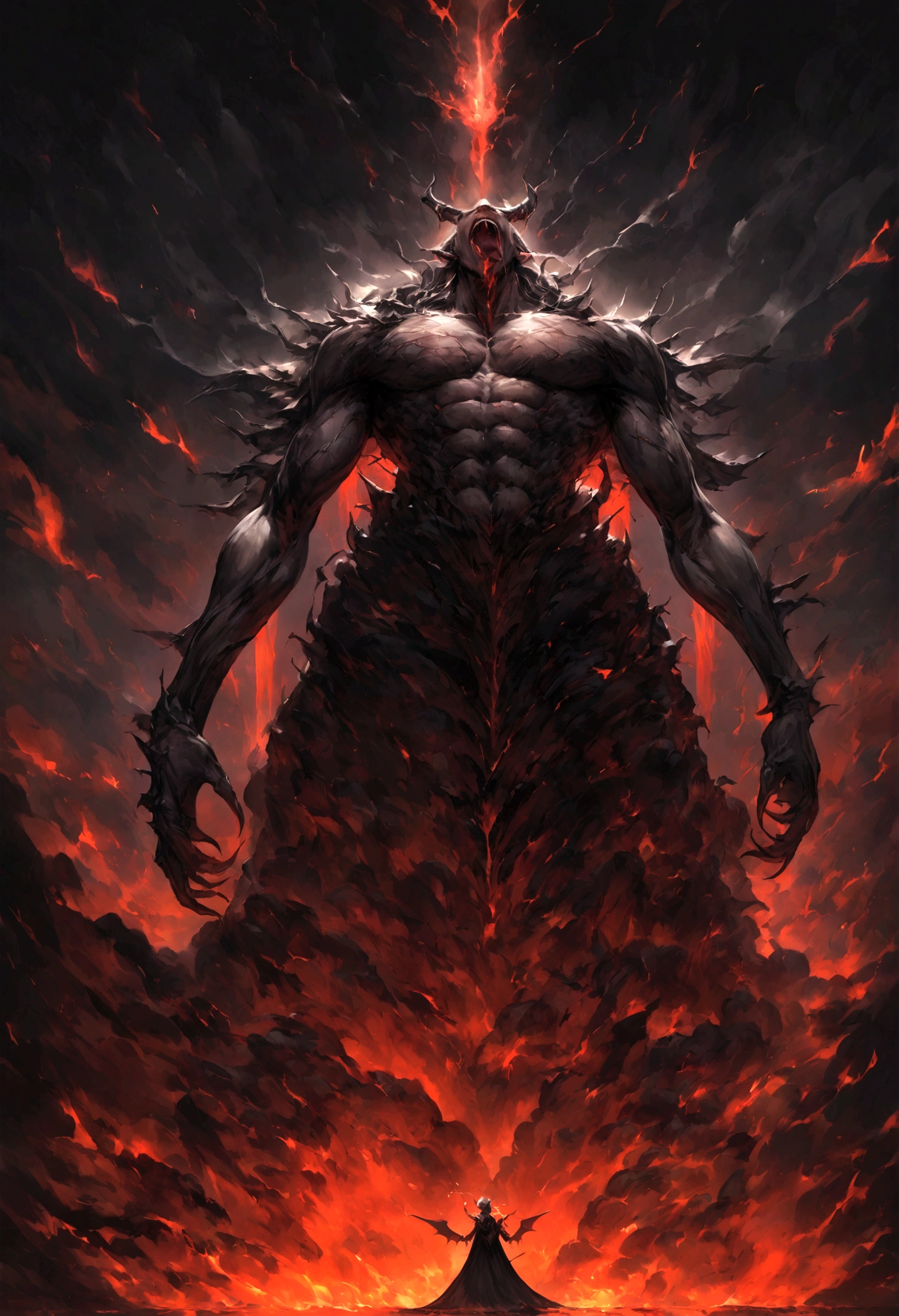 an oil painting, Coming down from the sky, A breathtaking masterpiece, Vivid, Caravaggio, 8K,angelicales,Lots of people,Fallen Angel,Duel Night Battle Angel vs Human Many People,9 people prompt: Generate a highly realistic and terrifying image of Lucifer, the fallen angel and king of demons。Lucifer、Having sharp, angular features、Appears as a hermaphrodite humanoid with a beautiful yet eerie face.。Lucifer's eyes were a fiery hellish red.、The sclera must be black。Lucifer's skin is grey、Veins are prominent、It should look slightly rotten in parts.。
He stands strong、Behind him are huge, ragged, black wings that are 20 feet wide.。The wing tips look like molten lava, almost as if they are on fire.。His hands are claw-like with long, sharp black nails。He was wearing a tattered robe of black and dark red.、It looks burnt and rotten。The robe exposes part of his muscular, muscular chest.。
The mouth is open in a terrible roar、Its sharp fangs and long, snake-like tongue are exposed.。His tongue was bright red like blood.、It looks like poison is dripping from the forked tip.。Smoke and tiny sparks should be coming out of your mouth and nose.。Her long black hair was disheveled as if it had been blown by the winds of hell.、Blowing in the Wind。
In the background、There are towering rocks and rivers of lava.、Draw a burning pit of hell。Little Ghost、Suffering Soul、Other devilish figures、Paint the scene of suffering in the background。With dramatic lighting of lava and fire、It casts a deep shadow on the terrifying figure.。The overall atmosphere is、Let's make it filled with pure terror and evil.。