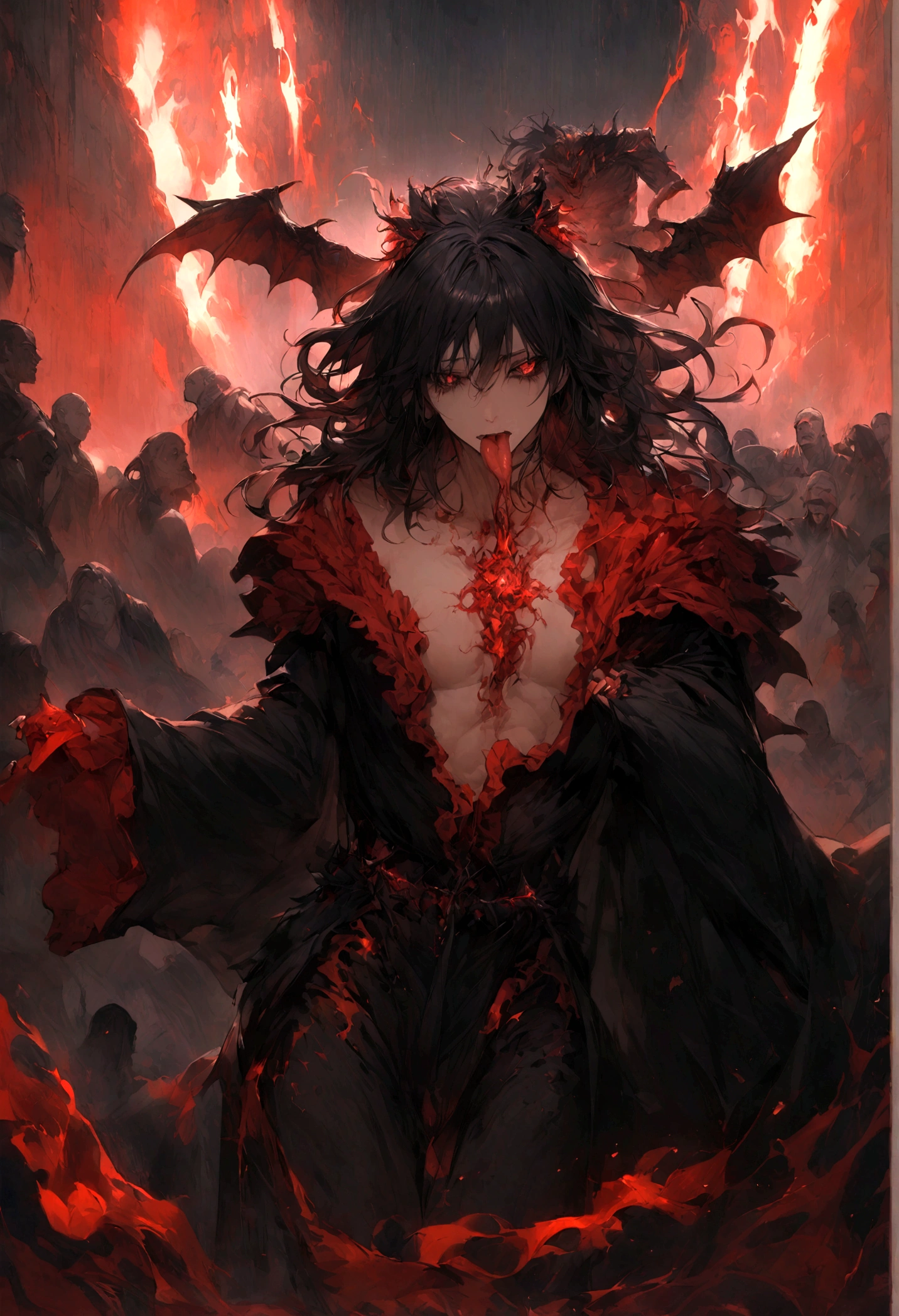 an oil painting, Coming down from the sky, A breathtaking masterpiece, Vivid, Caravaggio, 8K,angelicales,Lots of people,Fallen Angel,Duel Night Battle Angel vs Human Many People,9 people prompt: Generate a highly realistic and terrifying image of Lucifer, the fallen angel and king of demons。Lucifer、Having sharp, angular features、Appears as a hermaphrodite humanoid with a beautiful yet eerie face.。Lucifer's eyes were a fiery hellish red.、The sclera must be black。Lucifer's skin is grey、Veins are prominent、It should look slightly rotten in parts.。
He stands strong、Behind him are huge, ragged, black wings that are 20 feet wide.。The wing tips look like molten lava, almost as if they are on fire.。His hands are claw-like with long, sharp black nails。He was wearing a tattered robe of black and dark red.、It looks burnt and rotten。The robe exposes part of his muscular, muscular chest.。
The mouth is open in a terrible roar、Its sharp fangs and long, snake-like tongue are exposed.。His tongue was bright red like blood.、It looks like poison is dripping from the forked tip.。Smoke and tiny sparks should be coming out of your mouth and nose.。Her long black hair was disheveled as if it had been blown by the winds of hell.、Blowing in the Wind。
In the background、There are towering rocks and rivers of lava.、Draw a burning pit of hell。Little Ghost、Suffering Soul、Other devilish figures、Paint the scene of suffering in the background。With dramatic lighting of lava and fire、It casts a deep shadow on the terrifying figure.。The overall atmosphere is、Let's make it filled with pure terror and evil.。