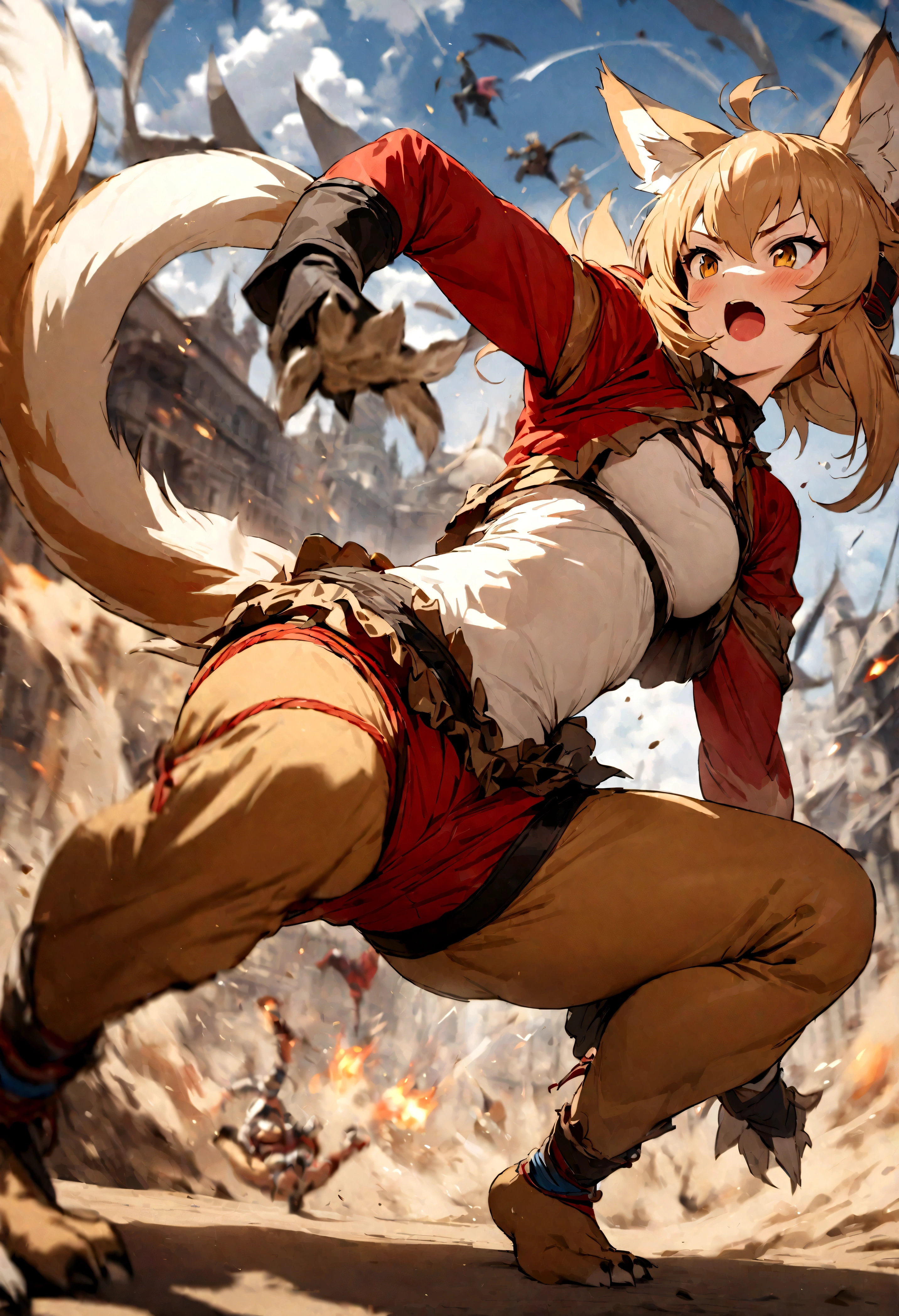 top quality, high-quality illustrations((masterpiece))depth of field, motion blur, absurdres, Perfect Anatomy, magnificent picture of kemono fighting fierce battles, kemono, Anthro((dramatic))epic, weapon, Acrobat, One scene of movie,
