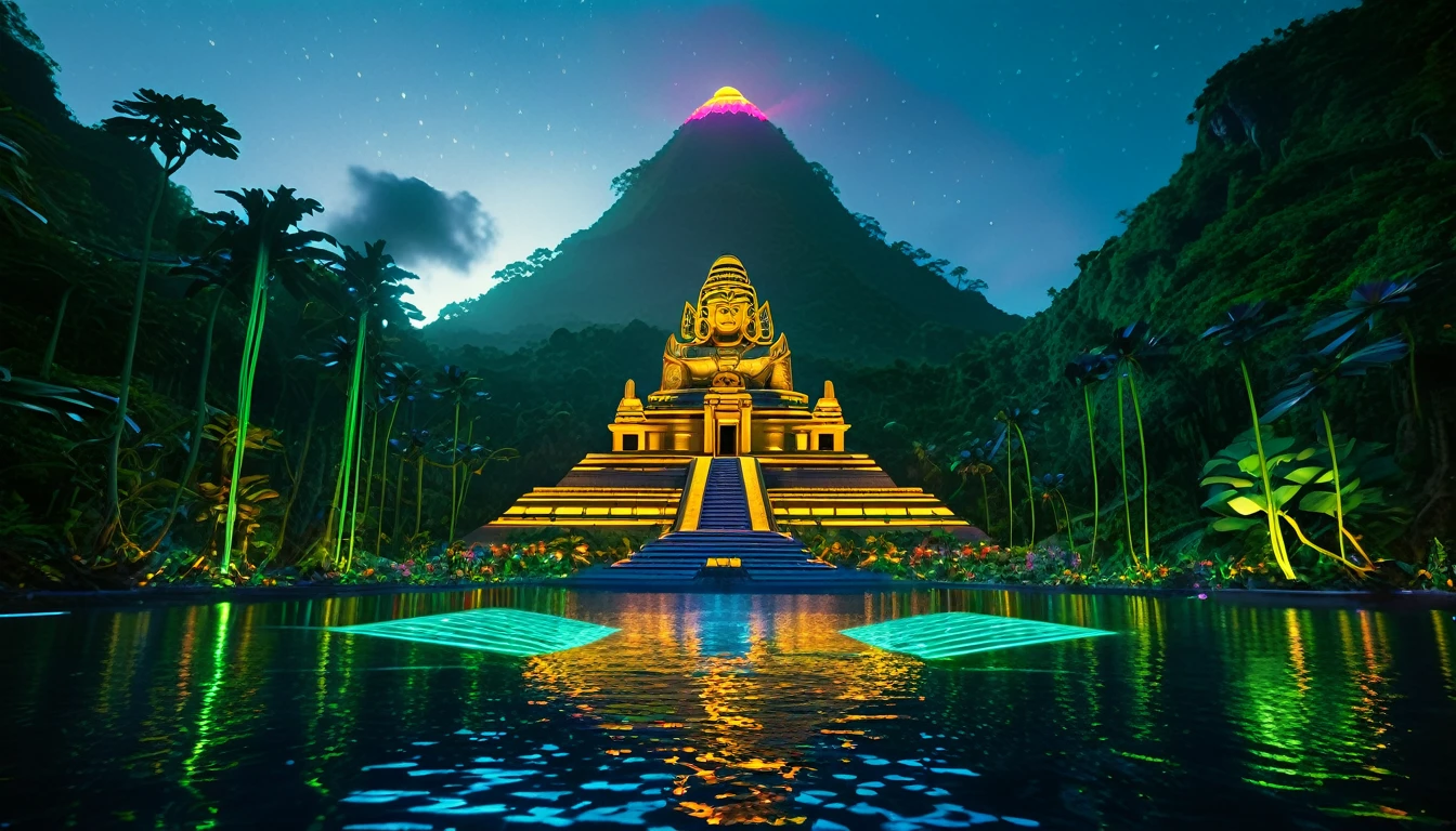 A hyper-realistic DSLR photograph of a Hindu vimana sentient spaceship floating in front of a lush, jungle-covered mountain paradise island in the middle of the sea, with a neon-lit jungle with glowing flora and fauna, where the trees are circuit boards and the rivers flow with liquid light into the sea. The vimana is using lasers to carve an extremely detailed temple that combines Hindu, Egyptian, Aztec, Mayan, Incan, and Atlantean styles with an alien touch into the mountain. The temple features a gigantic central statue resembling an alien Shiva-Buddha with multiple arms, similar to Avalokiteshvara. In the background, there's an epic sunrise with vibrant colors illuminating the scene. The image should have realistic lighting, textures, and depth, making it appear indistinguishable from an actual photograph taken with a high-end camera, cinematic, ominous, awe inspiring