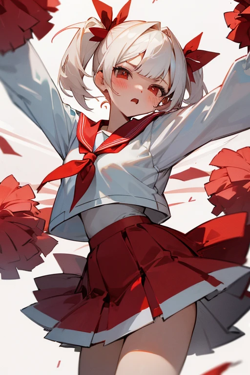 Short white hair, blush, 、Headbang 2.、Red clothes、Twin tails、sharp、、Save face image、Sailor suit、The ribbon is red、Cheerleader、