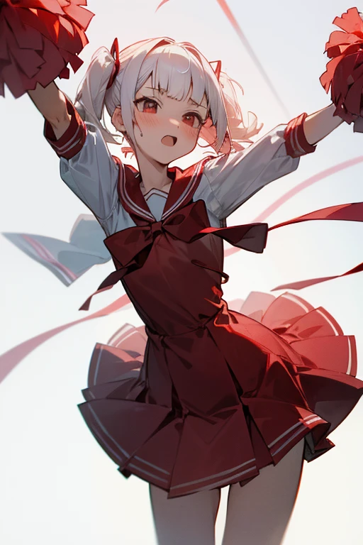 Short white hair, blush, 、Headbang 2.、Red clothes、Twin tails、sharp、、Save face image、Sailor suit、The ribbon is red、Cheerleader、