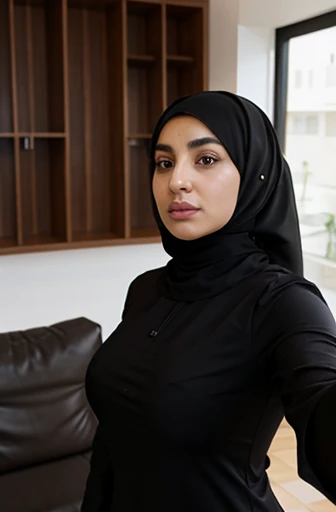Arab woman standing, ((selfie)), curvy, hijab, black clothes, standing sideways