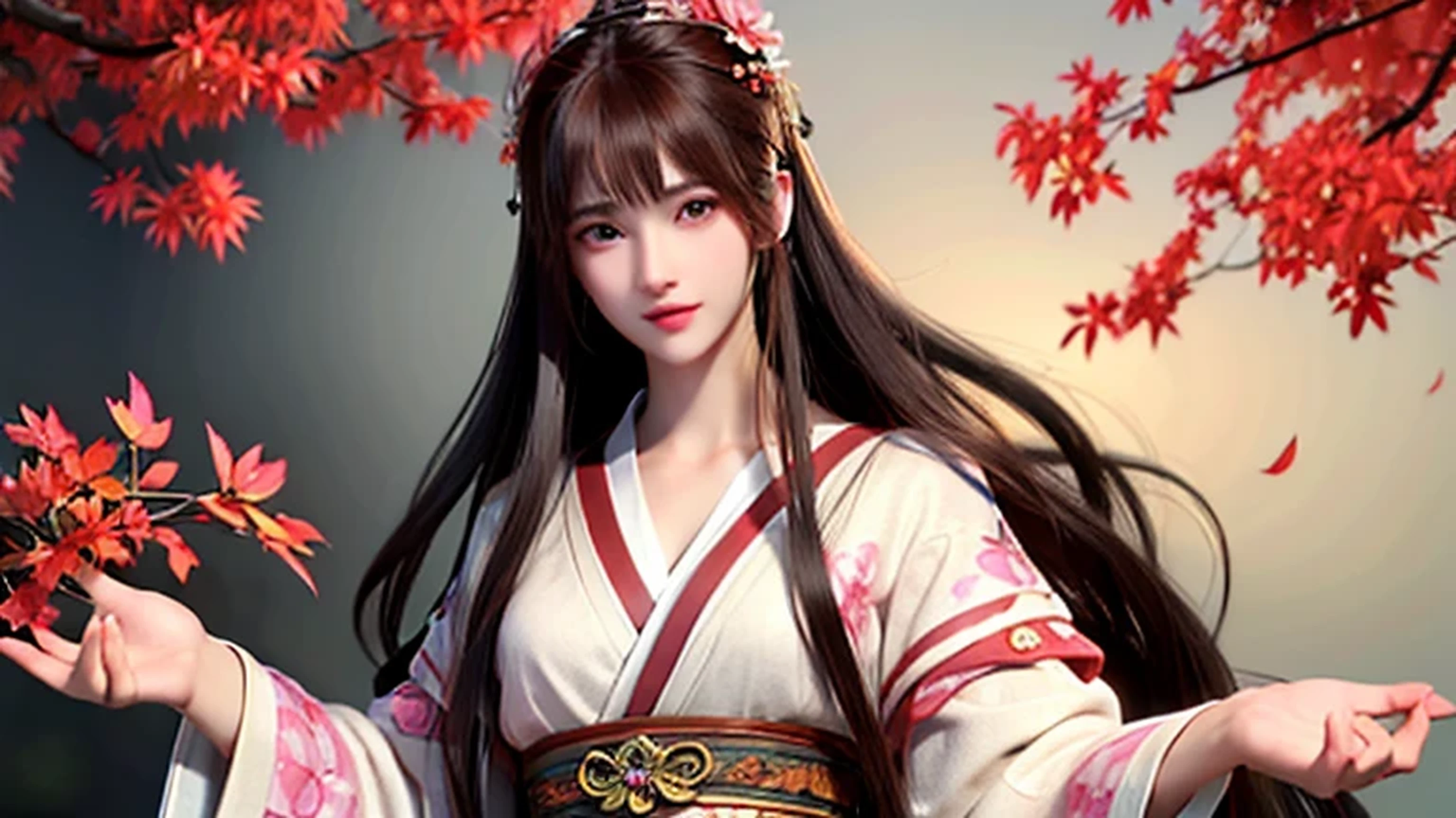 Reddish brown hair、Straight Hair、Beauty、Well-proportioned face、The nose is high、Thin lips、smile、Mature atmosphere、Tall models、Age is in the early 30s、Pink floral kimono、White flower hair ornament on the side、Background mainly featuring autumn leaves