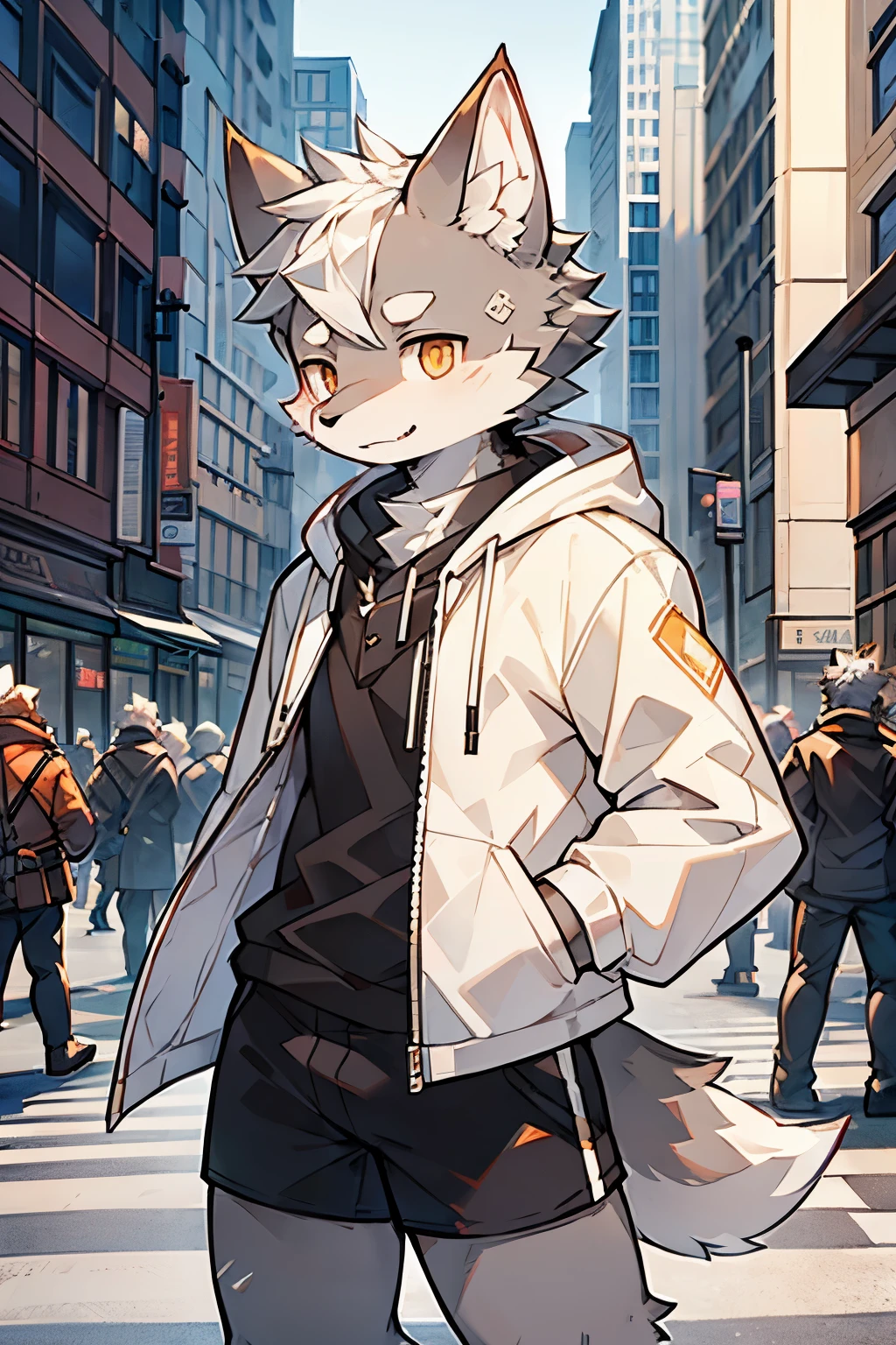 Exquisite lines,best quality。male,Gray wolf orcs,whiteshortcoat,Black shorts,Golden pupils,Background city bustling streets,daytime