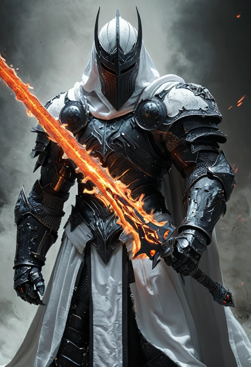 caballero berserker con armadura de batalla semi futurista, dynamic action pose, Desenfoque de movimiento, hkestilo, la armadura es de color negro y blanco, muy detallada, los ojos son de fuego negro y blanco,  alrededor de la armadura emana un fuego espectral de color negro y blanco, Over the armor he wears a long hooded tunic, la armadura es una escala gigante, la espalda tiene pedazos de la armadura que levitan, tiene una espada que es de fuego negro y blanco, aura misteriosa y espectral, en medio de una tormenta electrica de  rayos blancos
