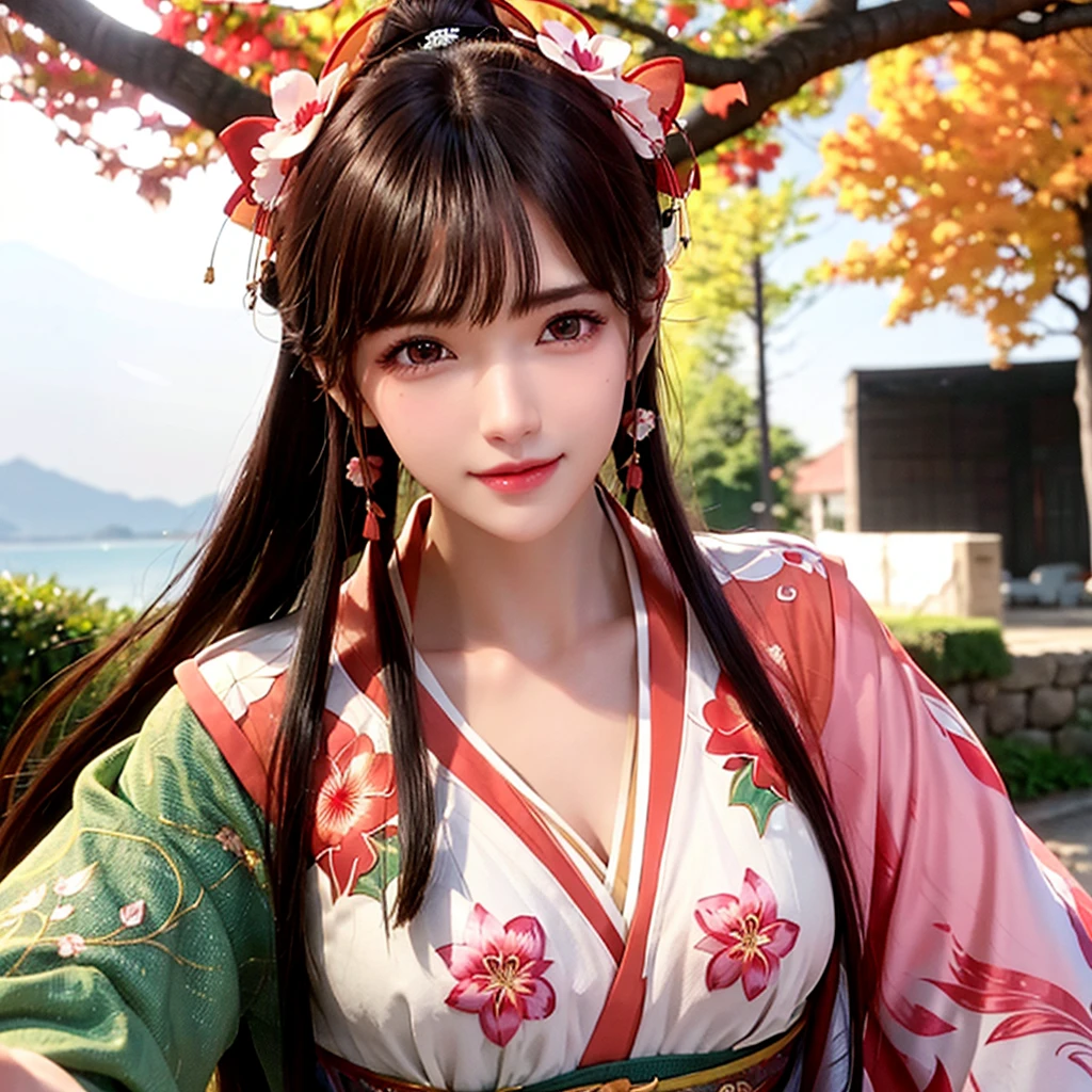 Reddish brown hair、ponytail、Beauty、Well-proportioned face、The nose is high、Thin lips、smile、Mature atmosphere、Tall models、Age is in the early 30s、Pink floral kimono、White flower hair ornament on the side、Background mainly featuring autumn leaves