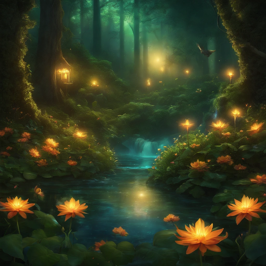 Four little glowing fairies flying around in a night forest scene with beautiful flowers, Bushes, Carbonated water, Side job (Highly detailed CG Unity 16k wallpaper), The most beautiful works of art in the world, Professional majestic oil painting, complicated, High resolution, Sharp focus, dramatic, Realistic, Painting art, Surreal, (Van Gogh Style)