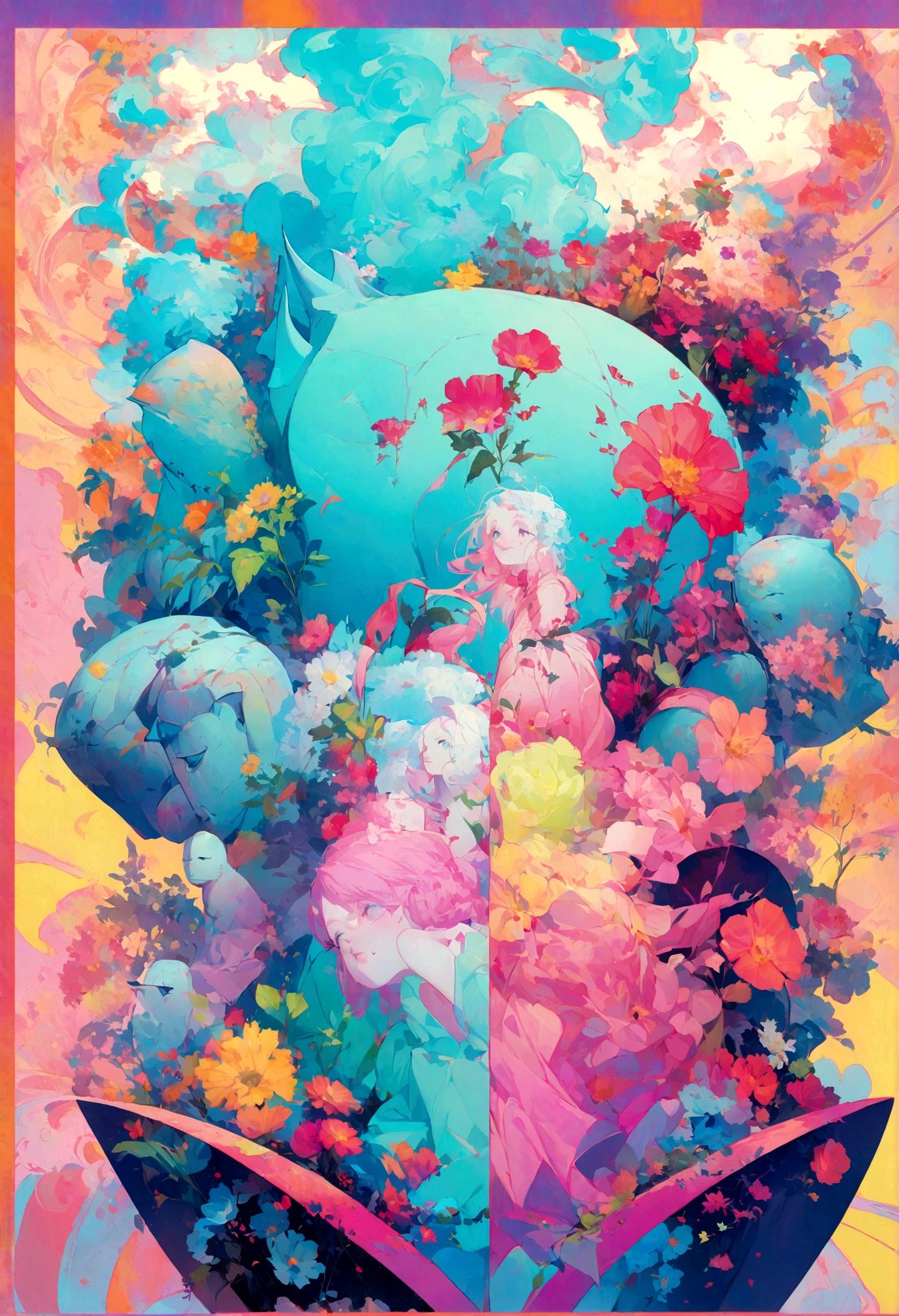 There is a photo of a person holding a bouquet of flowers., Beeple and James Jean, Album art, dream-like psychedelic anime, Album art cover, blurry and dream-like illustration, Official artwork, blurred and dream-like illustration, Promotional Art, Album artwork, Vaporwave artwork composition, Beeple and Alphonse Mucha, Album cover, Beautiful images, dream-like, Chill Hop