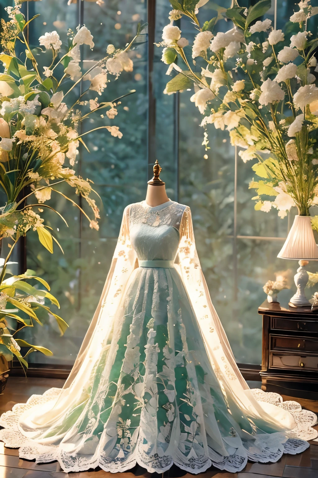 Green laceで出来た衣服, beautiful lace dress, Lace clothes for room decoration, indoor, Green lace, Very delicate lace, best quality:1.2, 4k, 8K, Very detailed, High Detail, masterpiece:1.2,, Ultra wide angle