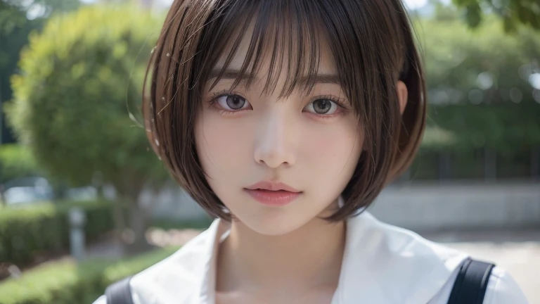 (Bob Cut Hair:1.2),(Wearing school uniform:1.2),1 girl,Japanese,21 years old,(Small breasts:1.3),(highest quality,masterpiece:1.3,超A high resolution,),(Ultra-detailed,Caustics),(Photorealistic:1.4,RAW shooting,)Ultra-Realistic Capture,Very detailed,High resolution 16K human skin close-up。 Natural skin texture、,Pores、、It needs to be detailed enough to be easily identifiable。 Skin should be even-toned and healthy looking。 Use natural light and colour, Sad expression, Looking at the camera, Perfect dynamic composition, Outdoor