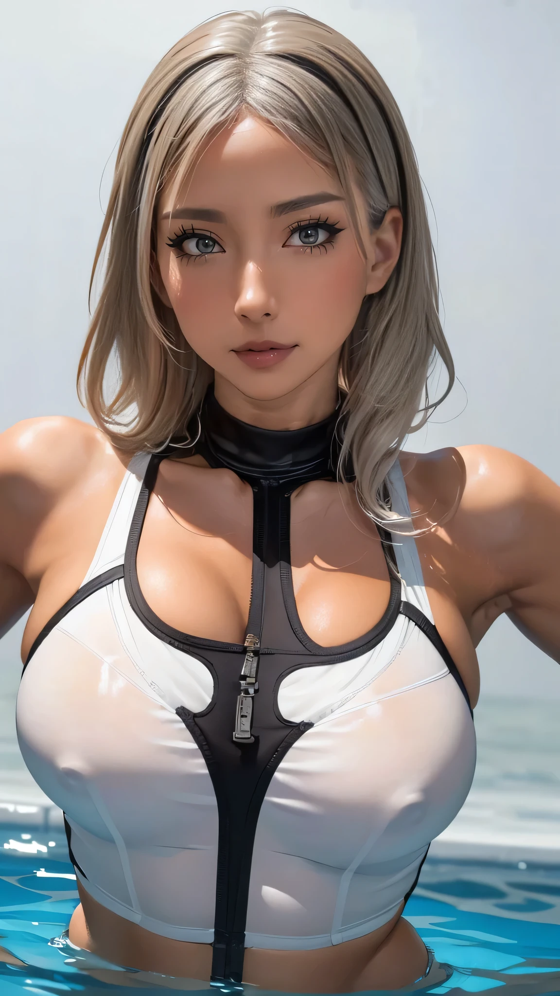 (Random sexy Pose),(floating in water),(soaked),(rash guard:1.2),silver hair,(tanned skin:1.5),(Thin type:1.8),(big breasts),(random hairstyle),(Highest image quality,(8k),ultra-realistic,best quality, high quality, high definition, high quality texture,high detail,beautiful detailed,fine detailed,extremely detailed cg,detailed texture,a realistic representation of the face,masterpiece,Sense of presence)