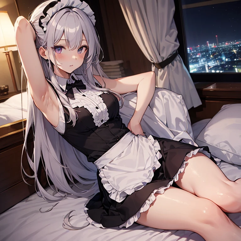 A maids, (in bedroom), various hair styles, night, details face, short skirt, seducing, sleeveless, maid uniform, armpits, , on bed