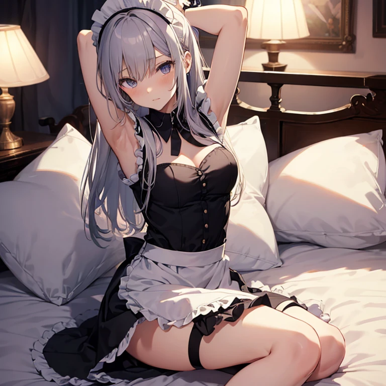 A maids, (in bedroom), various hair styles, night, details face, short skirt, seducing, sleeveless, maid uniform, armpits, , on bed