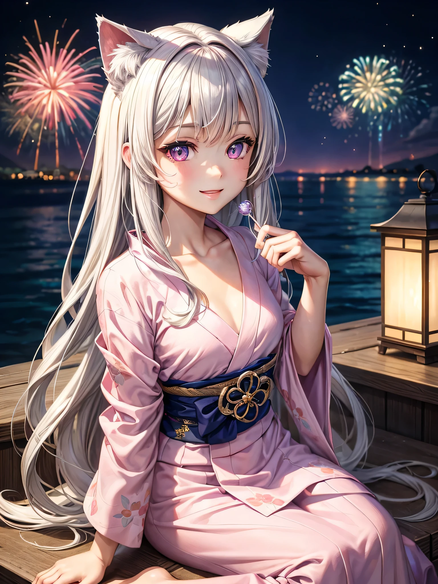 masterpiece,highest quality,Highly detailed face,fine grain,Waterfront,bubble,Sparkling eyes,Highlighted eyes,Center of chest,pretty girl,smile,Cat ear,Beautiful silver hair,Pink inside,Beautiful pink eyes, yukata, firework
