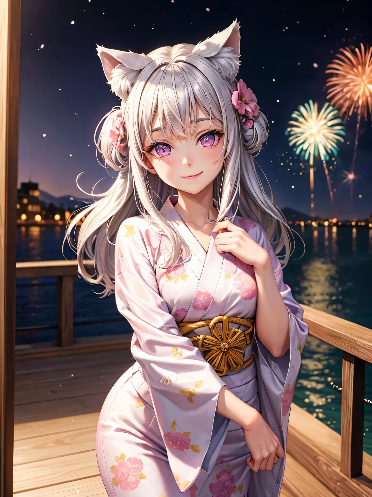 masterpiece,highest quality,Highly detailed face,fine grain,Waterfront,bubble,Sparkling eyes,Highlighted eyes,Center of chest,pretty girl,smile,Cat ear,Beautiful silver hair,Pink inside,Beautiful pink eyes, yukata, firework