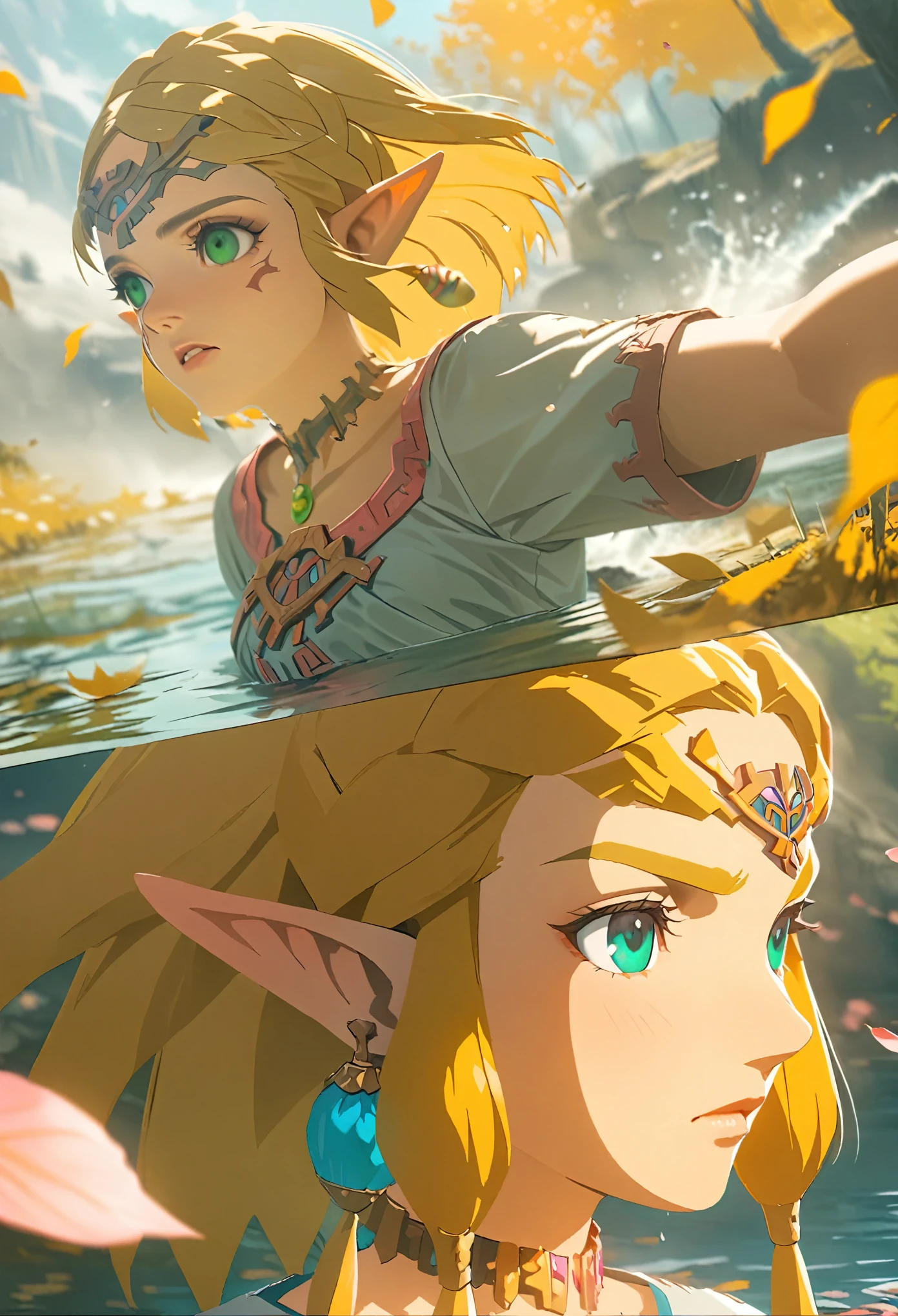 Super detailed, High resolution, Absurd, High resolution, Princess Zelda, Blonde Short Hair, expressive green eyes, The Legend of Zelda, water, autumn, petal, Orange and yellow leaves, woman, alone, Very beautiful, Highly detailed face and eyes, White long dress with pink pattern, Pointed Ears, Realistic Face,battle,Link,While