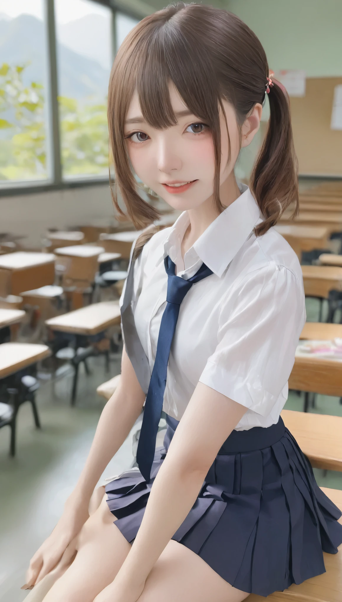 (Tabletop, highest quality:1.2), 8k, 18-year-old, 85mm, Official Art, RAW Photos, Absurd, White dress shirt, Cute Face, close, Upper Body, Viola Lace, Gardenia, beautiful girl, (Dark red tie:1.1)、(Navy Pleated Skirt:1.1), Cinch waist, Thighs, Short sleeve, classroom, ponytail、short hair、short hair、sit on bench seat, Looking at the audience, No makeup, (smile:0.4), Film Grain, chromatic aberration, Sharp focus, Face Light, Bright lighting, Teen, Detailed face, ((Background blur,日本の学校のclassroom、classroom、Cherry tree seen from the window))
