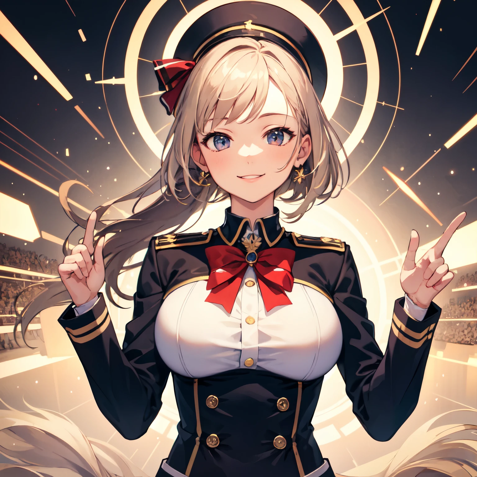 ((highest quality)), ((masterpiece)), (detailed), One girl, uniform, Raise your right hand,smile,Big Breasts