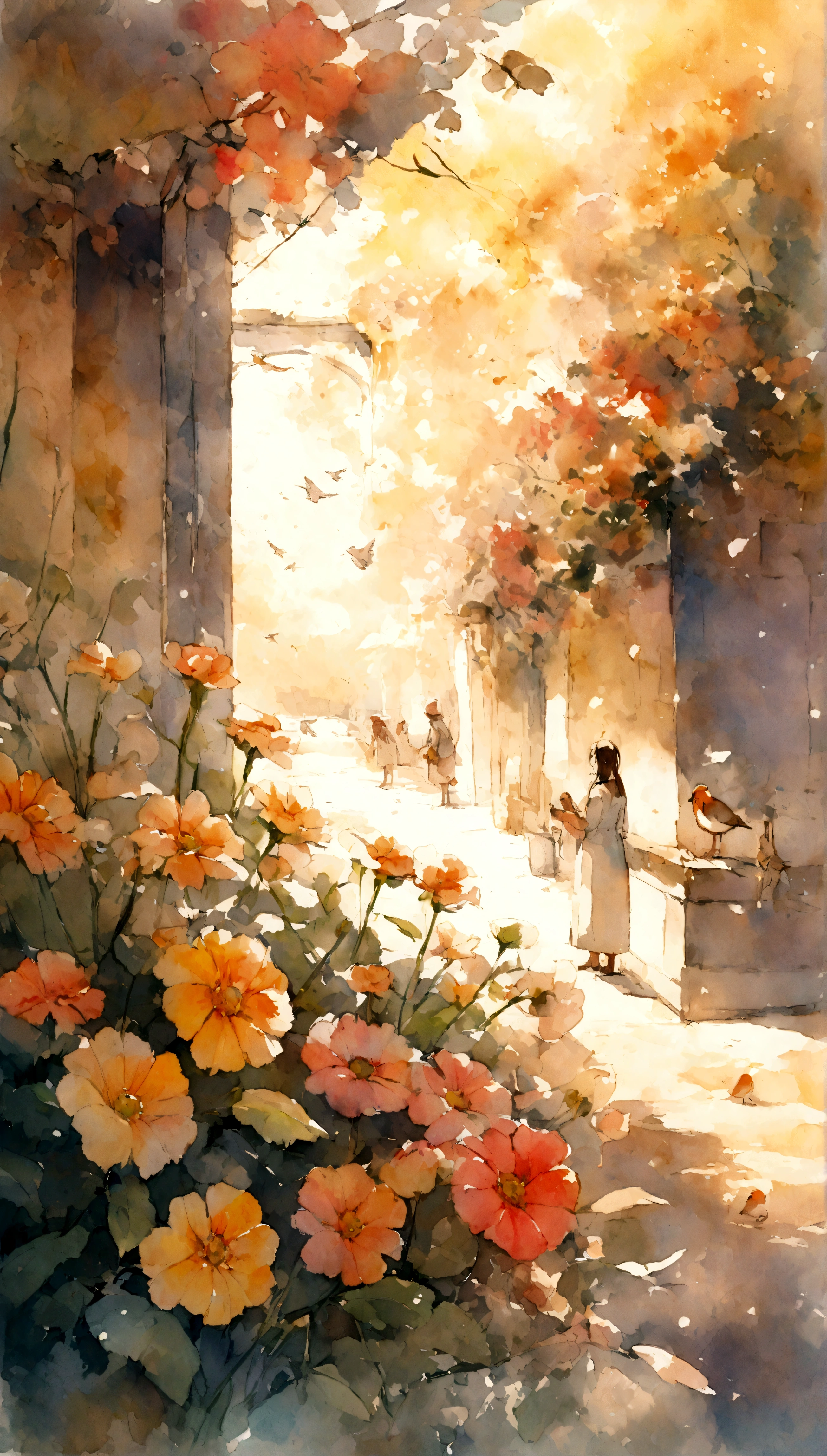 Flowers and birds, , sketching, Watercolor color.
