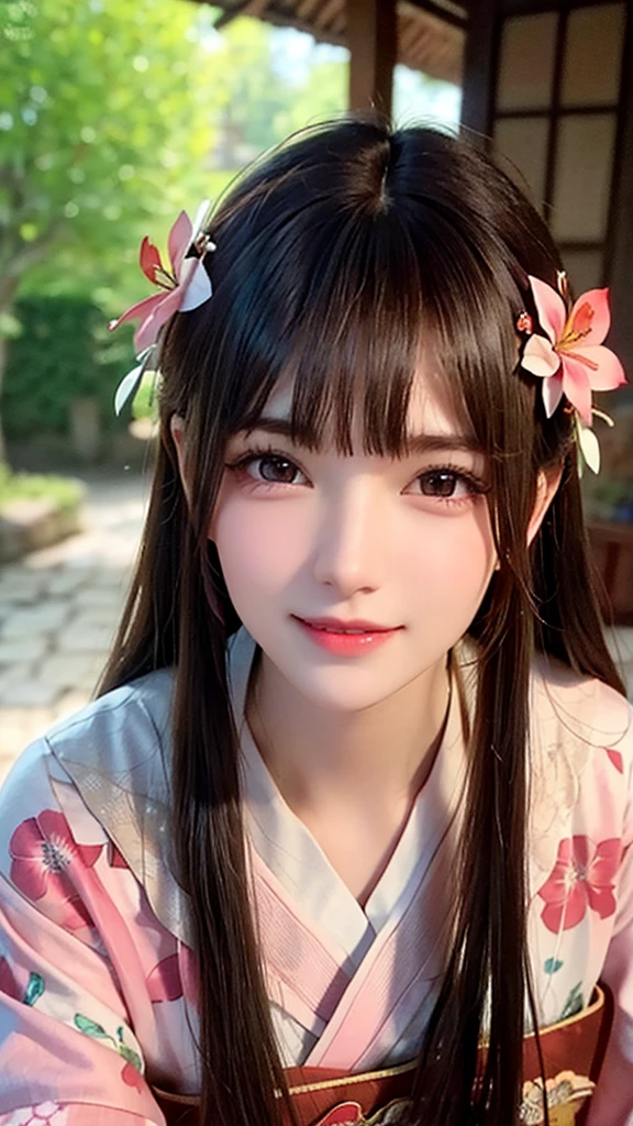 Reddish brown hair、Beauty、Well-proportioned face、The nose is high、Thin lips、smile、Mature atmosphere、Tall models、Age is in the early 30s、Pink floral kimono、White flower hair ornament on the side、Background mainly featuring autumn leaves、Fantasy worldview