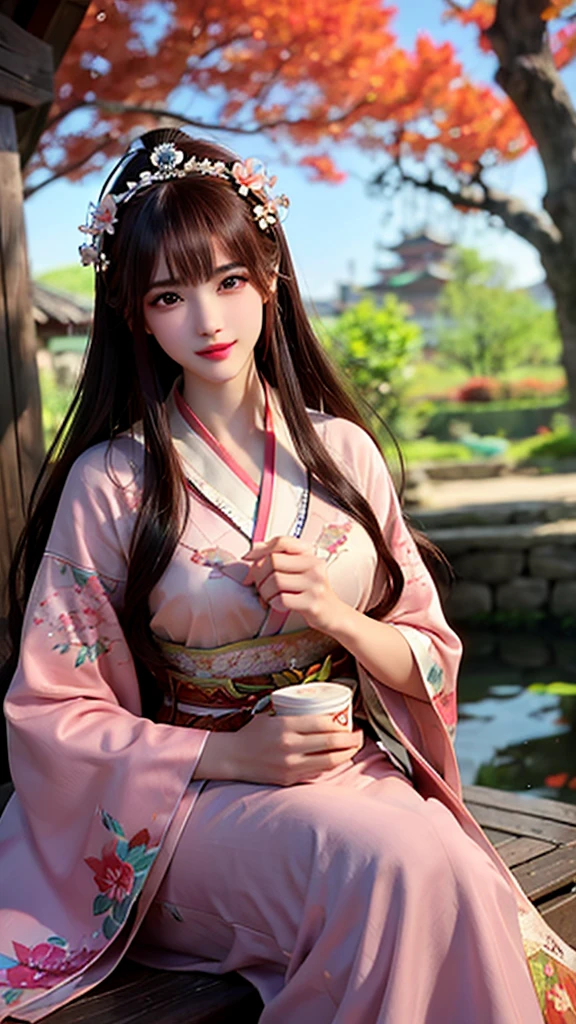 Reddish brown hair、Beauty、Well-proportioned face、The nose is high、Thin lips、smile、Mature atmosphere、Tall models、Age is in the early 30s、Pink floral kimono、White flower hair ornament on the side、Background mainly featuring autumn leaves、Fantasy worldview