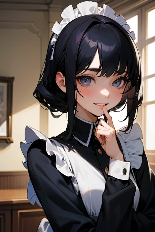 (Highest Resolution, clear_image) highest quality, One woman, alone, masterpiece, Very detailed, Semi-realistic, Black Hairのショートヘア, Black Hair, bangs, 18-year-old, mature, light blue uniform, uniform, Indoor Background, kind, Authoritative, Powerful, exquisite features, exquisite features、Eyelashes become longer、Showing teeth、smile😀、Maid clothes、woman&#39;Fingers in the、Sleeping on the sofa、Long Hair、Fluttering in the wind、Navy blue clothes、Long Hair、Kissing Face、