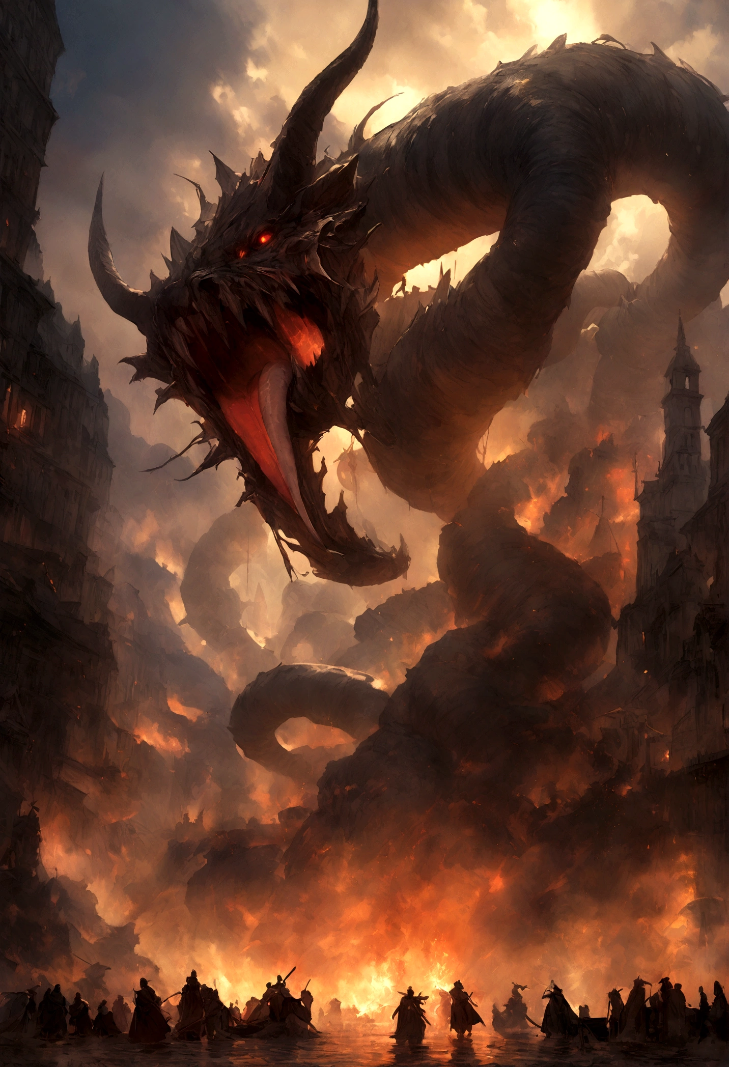 n oil painting, Coming down from the sky, A breathtaking masterpiece, Vivid, Caravaggio, 8K，angelicales，Lots of people，Fallen Angel，Duel Night Battle Angel vs Human Many People，9 people prompt:「Norse mythology legend world serpent、A super realistic reproduction of Jormungand、Museum-quality rendering。Jormungand is、Surrounding the whole world、It&#39;s a huge sea snake that can hold its own tail in its mouth.。」
Its enormous, serpentine body is hundreds of miles long.、There are mountains of green scales on its back.。The underbelly is pale and sickly yellow。His eyes are blazing red、There is a black sclera、Filled with malice and an insatiable hunger。Numerous curved horns and spines protrude from its head and back.。
With a terrifying roar, he opened his mouth wide、Revealing razor-sharp fangs as long as sequoia trees。From its fangs、A thick, viscous poison flows down。The forked tongue、stretches the length of a city street。From the nostrils and mouth、Sulfur-smelling smoke billows。
The background is the sea at the mercy of a raging storm.、Swirling black clouds、flash、And there will be an apocalyptic sky with an ominous red glow along the horizon as if the world is ending.。Jormungand&#39;s giant coils、This would create huge tsunamis and whirlpools that could swallow the ship whole.。
Dramatic lighting and shadowsを使って、Emphasizes the World Serpent&#39;s enormous scale and ferocity。The overall atmosphere is、Overwhelming fear、destruction、And it must represent the end of all life on Earth.。
In this prompt、The sheer size of Jormungand that surrounds the world、Appearance of a fearsome sea serpent with horns and spines、Red glowing eyes、Dripping Poison、Smoke Pillar、A wide open mouth filled with giant fangs、Important details covered。Raging seas and apocalyptic storm backgrounds。Photorealism、Dramatic lighting and shadows、そして全体的な恐怖と世界の終わりのdestructionの雰囲気が強調されています。