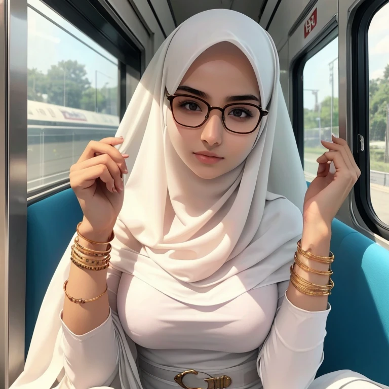 A beautiful high school glasses Arabian 17 years old girl model, white skin, sharp nose, thin lips, circle face, skinny hands, tight bra, huge breast, off shoulder, wear hijab, golden bangles, bracelets, necklaces, swiss polo watch, on the train, tight seatbelt, detailed squinting eyes, detailed horny face