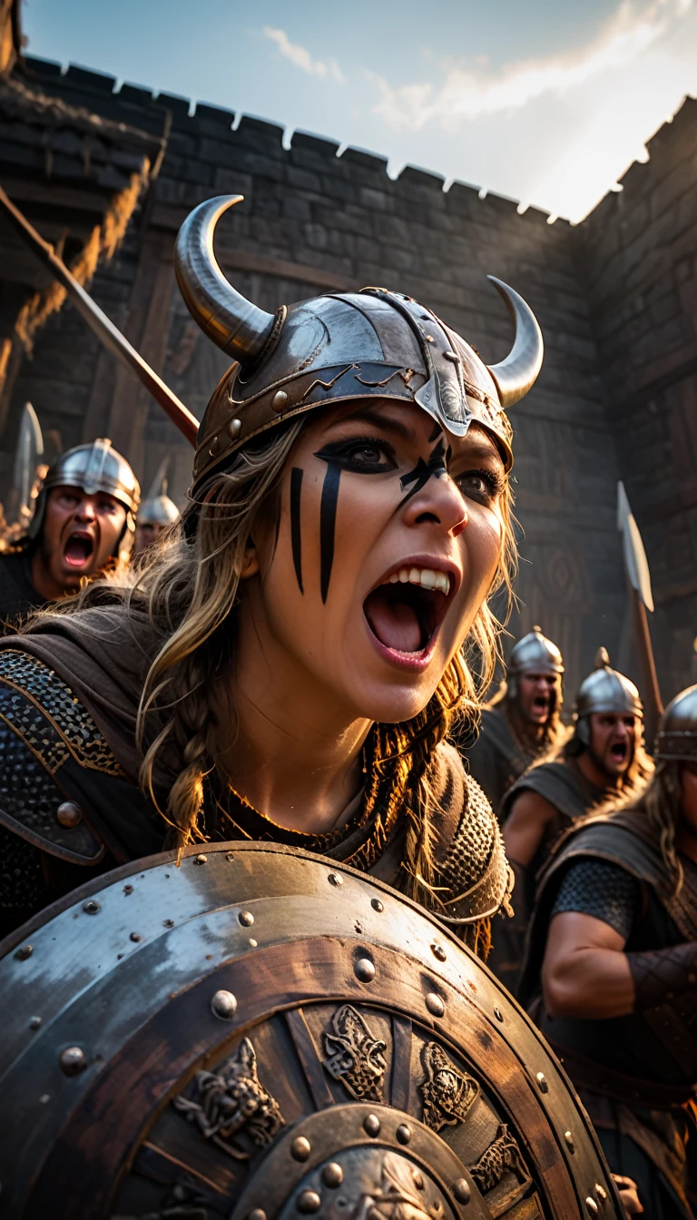 As the sun began to set, The warm golden hues of the sun illuminated his ornate attire, extreme wide angle shot from below, Viking warriors making shield wall with dark striped face paint, scary warrior face, battle cry, background dark, hyper realistic, ultra detailed hyper realistic, photorealistic, Studio Lighting, in screenshot from the 300 movie, reflections, dynamic pose, Cinematic, Color Grading, Photography, Shot on 50mm lens, Ultra-Wide Angle, Depth of Field, hyper-detailed, beautifully color, 8k,