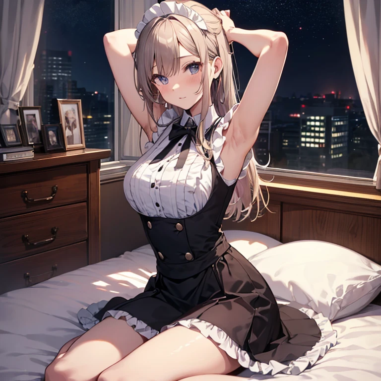 A maids, (in bedroom), various hair styles, night, details face, short skirt, seducing, sleeveless, maid uniform, armpits, , on bed