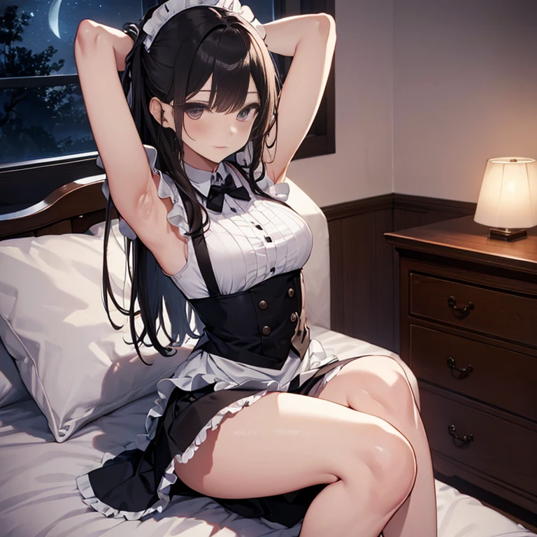 A maids, (in bedroom), various hair styles, night, details face, short skirt, seducing, sleeveless, maid uniform, armpits, , on bed